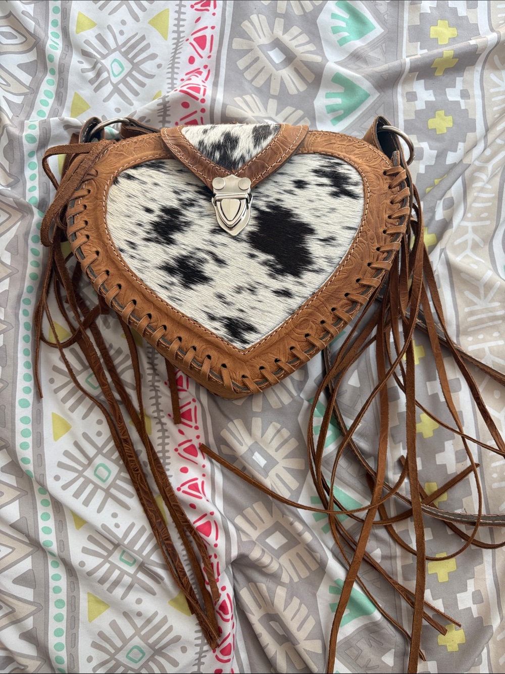 Brown Leather & Black-White Cowhide Heart Crossbody Bag